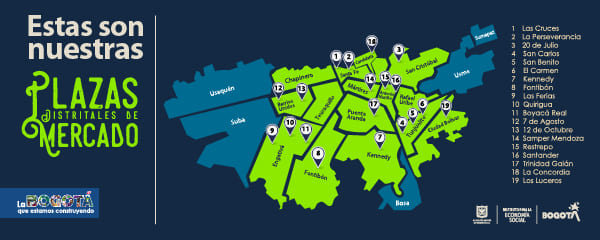 MAPA DE BOGOTÁ CON LOS PUNTOS DE UBICACIÓN DE LAS PLAZAS DISTRITALES DE MERCADO